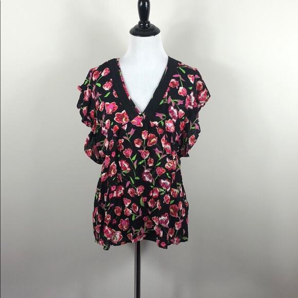 DR2 Floral Top Black V Neck Short Sleeve - Picture 1 of 4